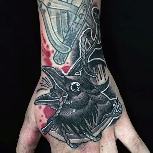 Cawing Crow With Rope Manly Tattoo Male Hands