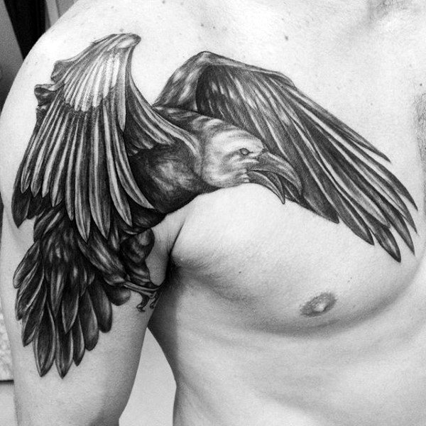 Cawing Raven Tattoo On Chest For Men