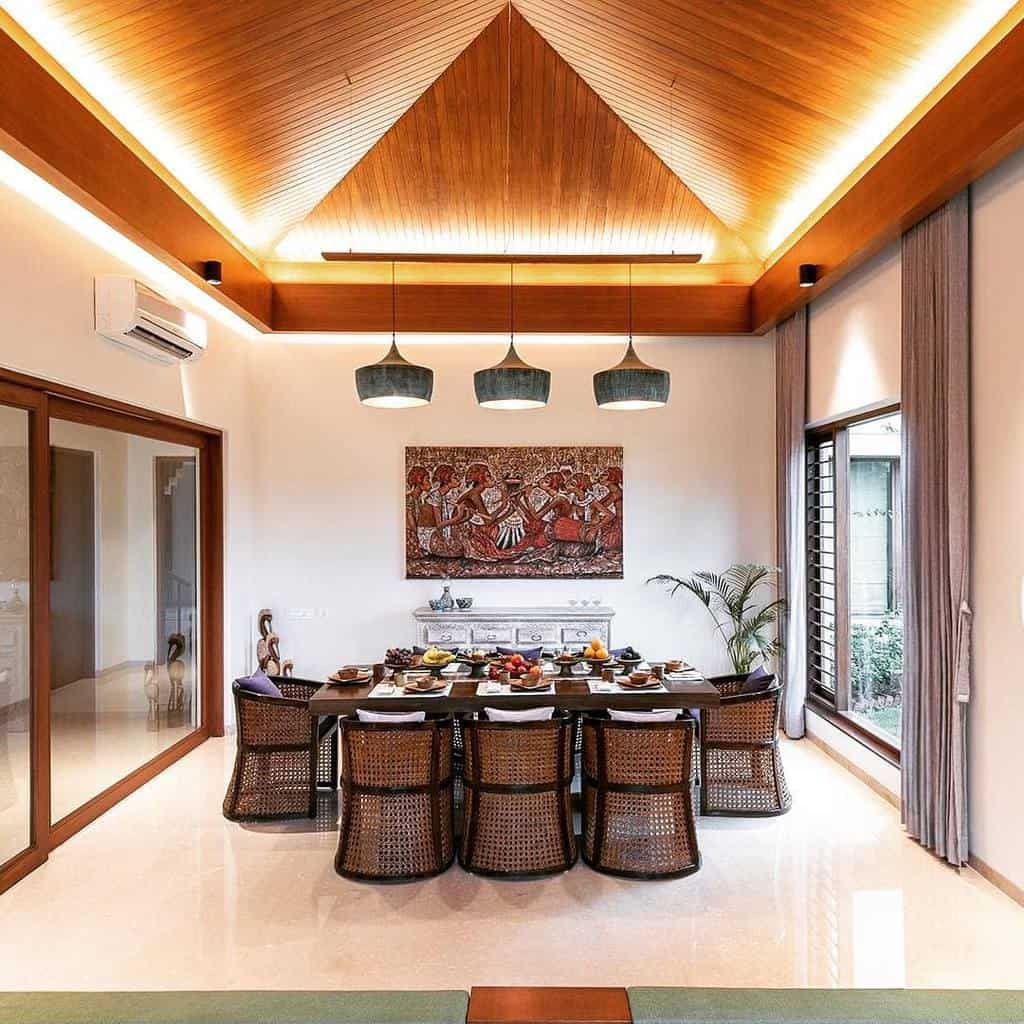 wood ceiling led lights dining room table polished floor
