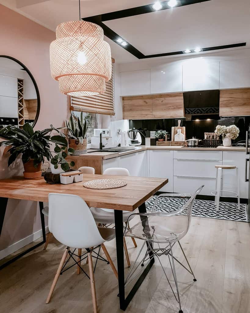 rustic kitchen wood and white cabinets black splashback recessed ceiling