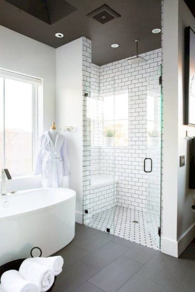 Modern bathroom with dark painted ceiling, glass shower, freestanding tub, and subway tile walls.
