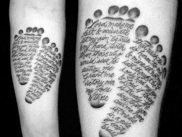 Tattoo of footprints on the inner forearm with a detailed script inside each print