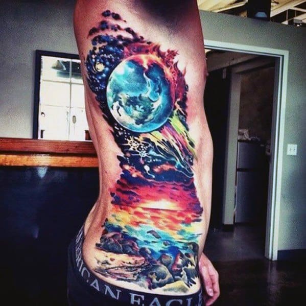 Celestial Guys Tattoo Designs On Rib Cage Side