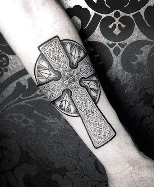 Celtic Cross Tattoo On Mans Inner Forearm