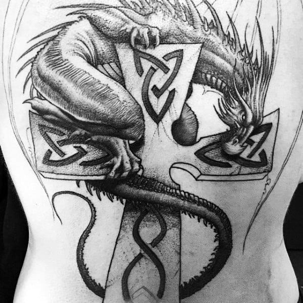Celtic Cross With Dragon Guys Back Tattoo Designs