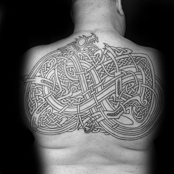 Celtic Dragon Black Ink Outline Back Tattoos For Men