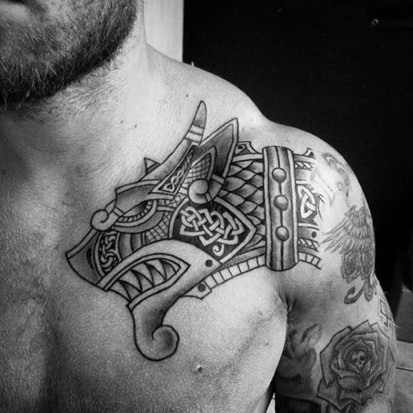 Celtic Dragon Head Guys Upper Chest Front Of Shoulder Tattoo