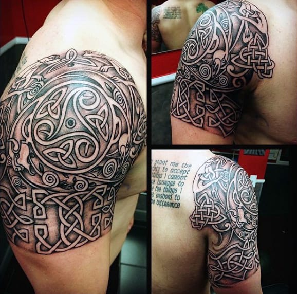 Celtic knotwork tattoo on a man's upper arm and shoulder