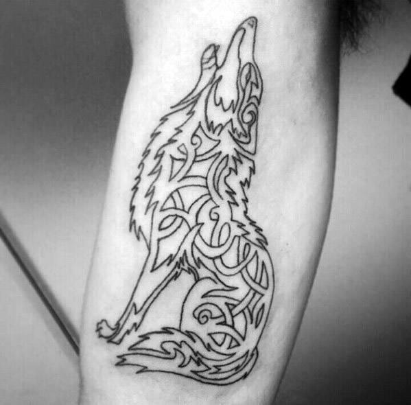 Howling Celtic wolf tattoo on forearm with fine black linework and flowing knot patterns forming the body in a minimalistic style.