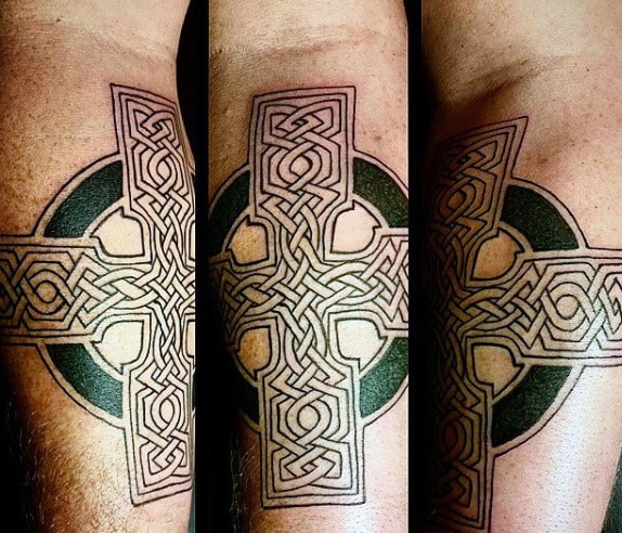 Celtics Cross Tattoo On Gentleman On Inner Forearm