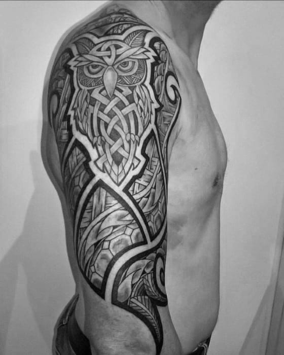 Celtric Tribal Owl Mens Half Sleeve Tattoos