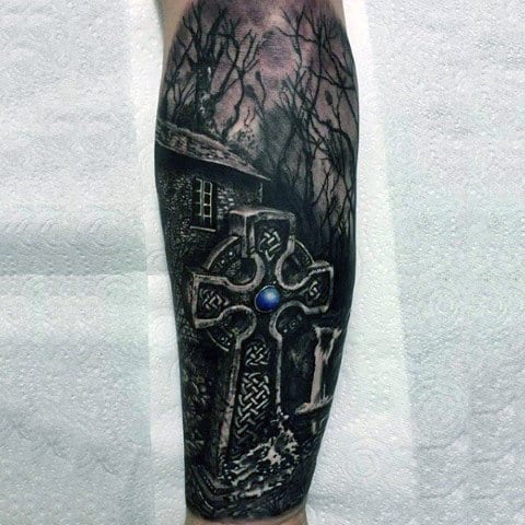 Cemetery Woods 3d Celtic Cross Leg Sleeve Tattoo