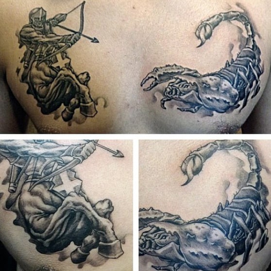 Centaur Firing Arrow At Scorpion Mens Scorpio Chest Tattoos