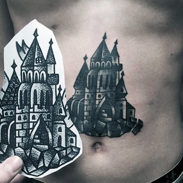 Center Chest Medieval Castle Tattoo Design
