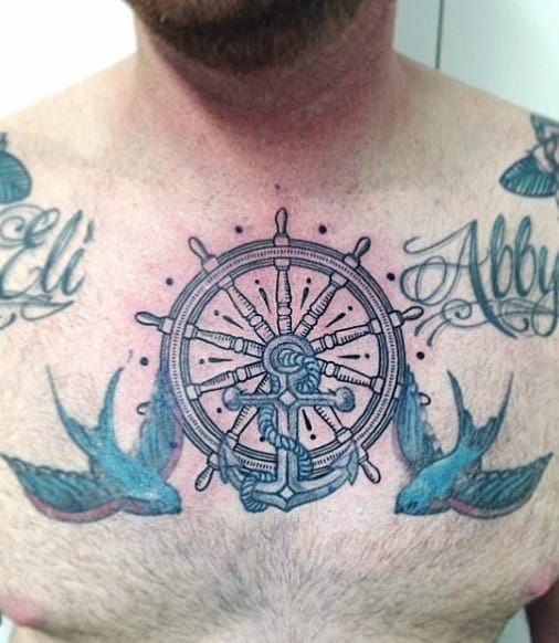 Center Chest Ship Wheel Tattoo With Birds On Man