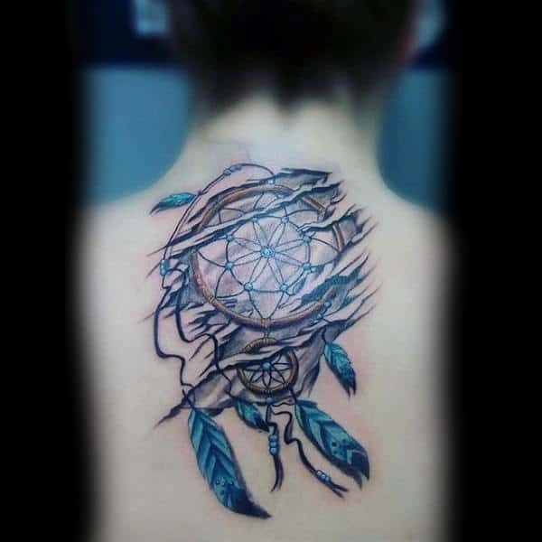 Center Of Back Dreamcatcher With Blue Feathers Tattoo On Man