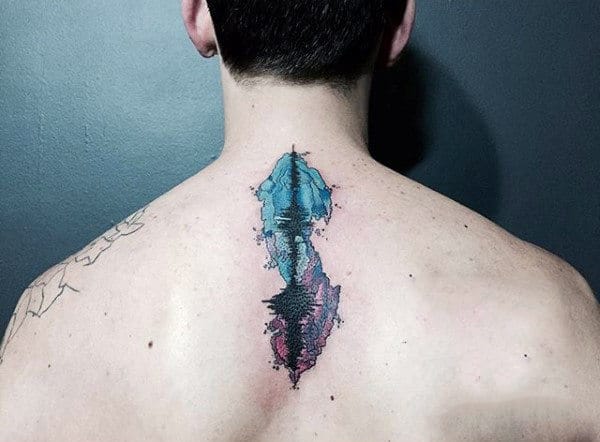 Center Of Back Male Soundwave Tattoos With Abstract Design