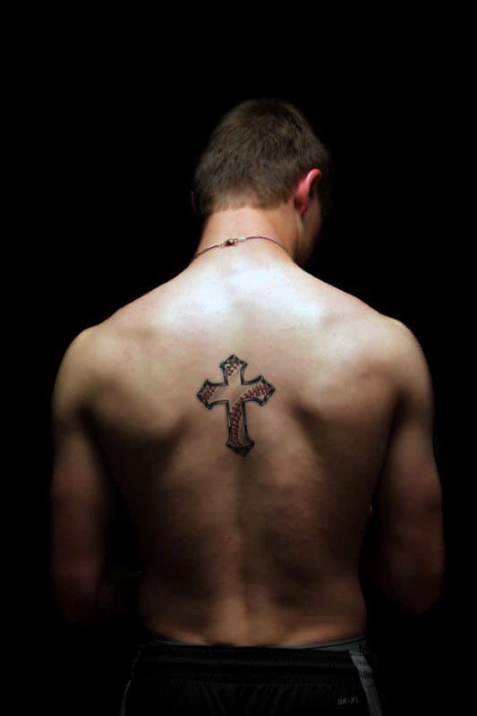 Center Of Back Mens Baseball Cross Tattoos