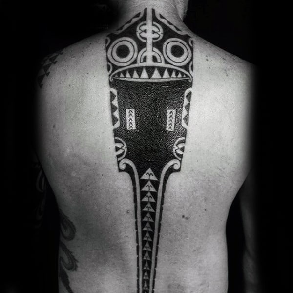 Center Of Back Spine Tribal Mens Tattoo Design Ideas