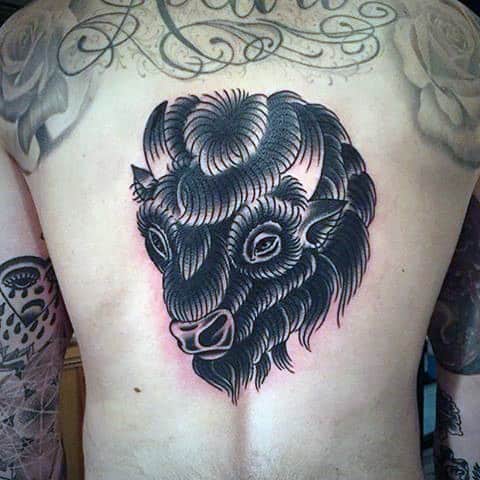 Center Of Black Traditional Black Ink Bison Male Tattoo Ideas