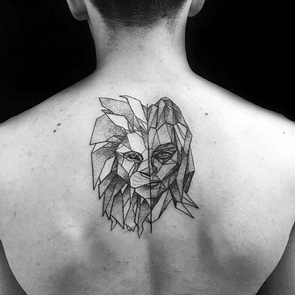 Center Of Upper Back Geometric Lion Tattoo Designs For Guys