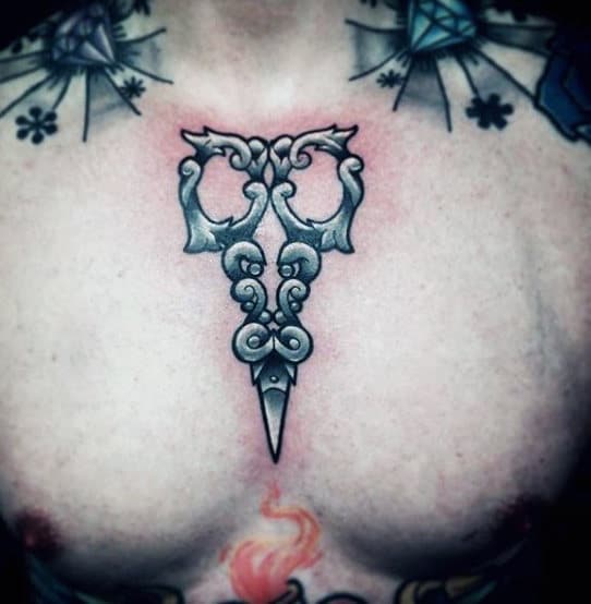 Center Of Upper Chest Guys Ornate White Ink Scissor Tattoo