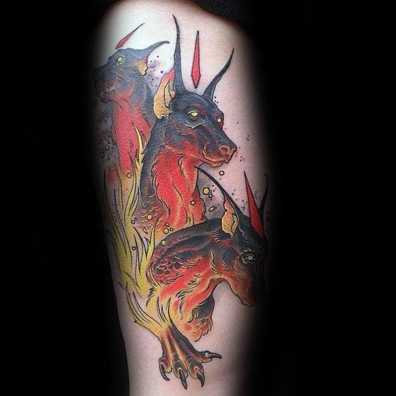 Cerberus Flaming Male Arm Tattoo Ideas