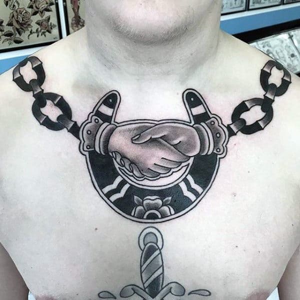 Chain Horseshoe Handshake Mens Upper Chest Tattoos