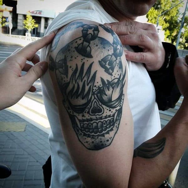 Chain With Flames And Skull Traditional Male Arm Tattoos