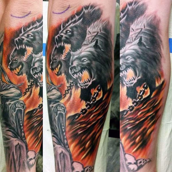 Chained Cerberus Mens Forearm Tattoo Designs
