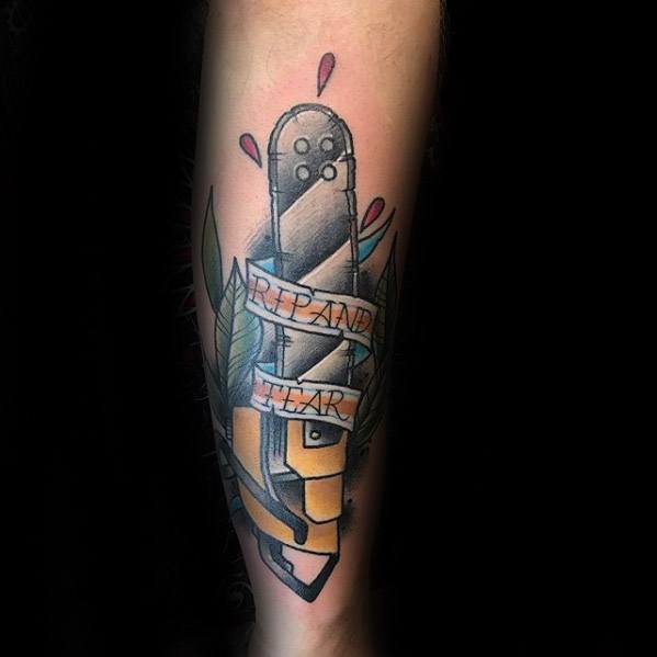 Chainsaw tattoo with a banner reading "RIP AND TEAR," stylized with leaves, blood drops, and a bold, cartoonish design.