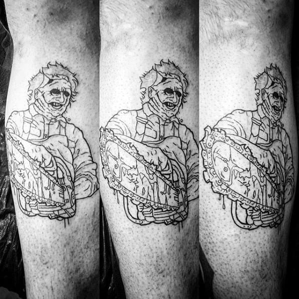 Black ink outline tattoo of Leatherface holding a chainsaw, shown in three stages with dripping details and horror-themed expression.