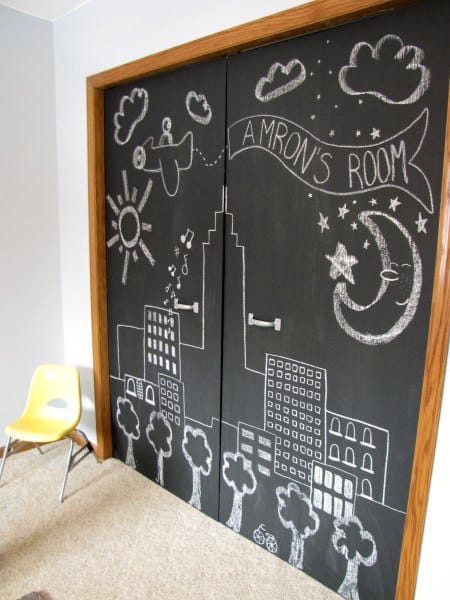 Chalkboard closet doors with cityscape