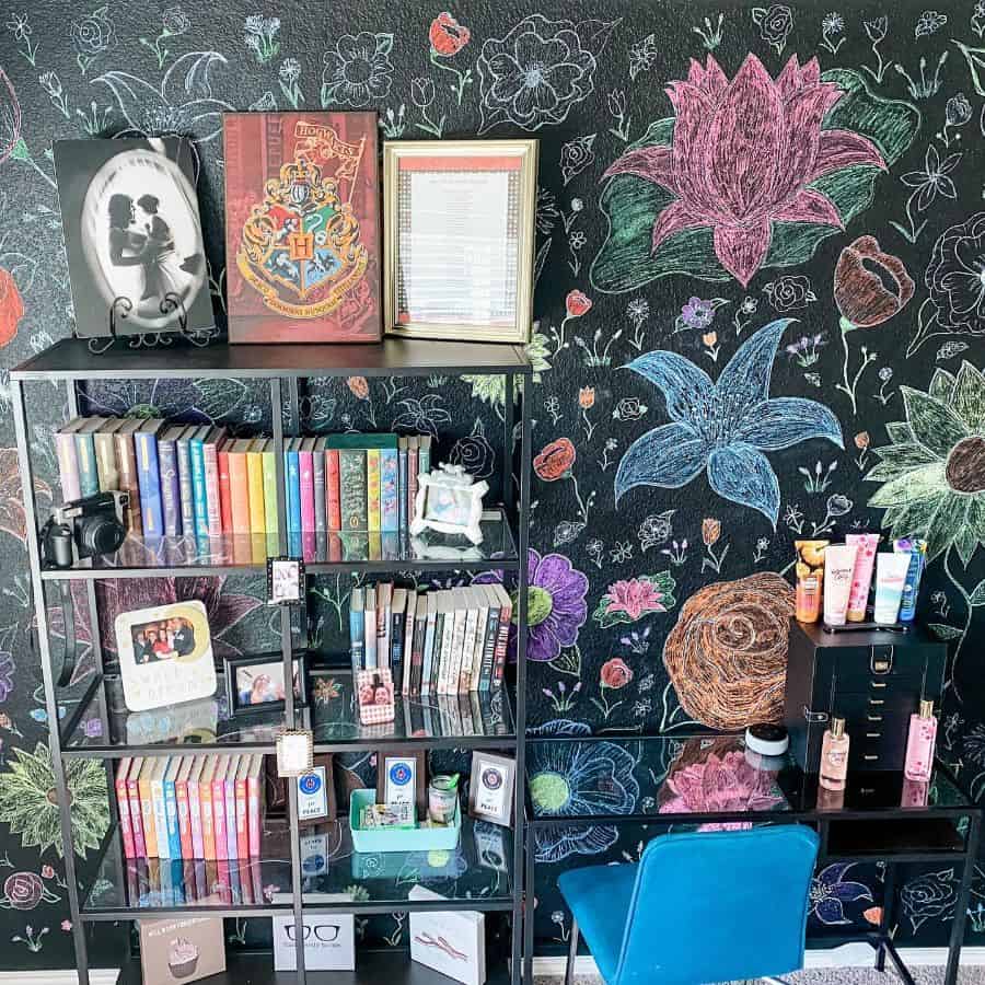 chalkboard paint wall floral designs metal and glass shelving desk unit