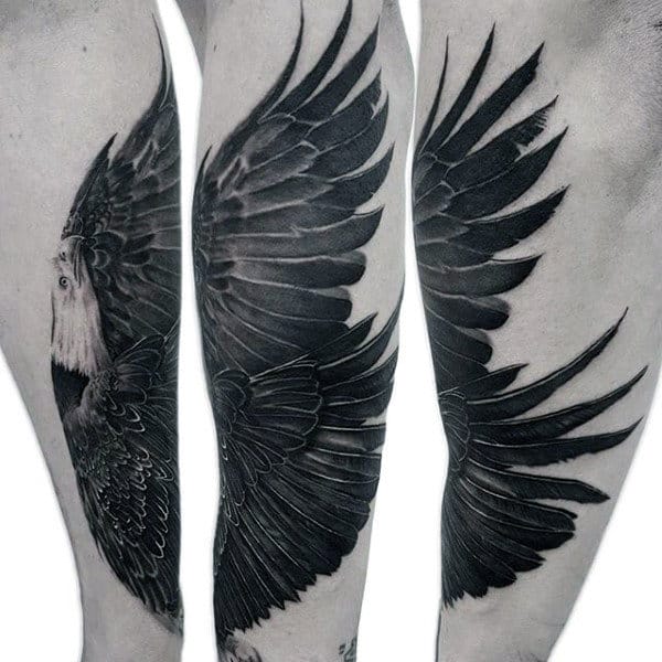 Charcoal Black Feathered Bald Eagle Tattoo Male Forearms