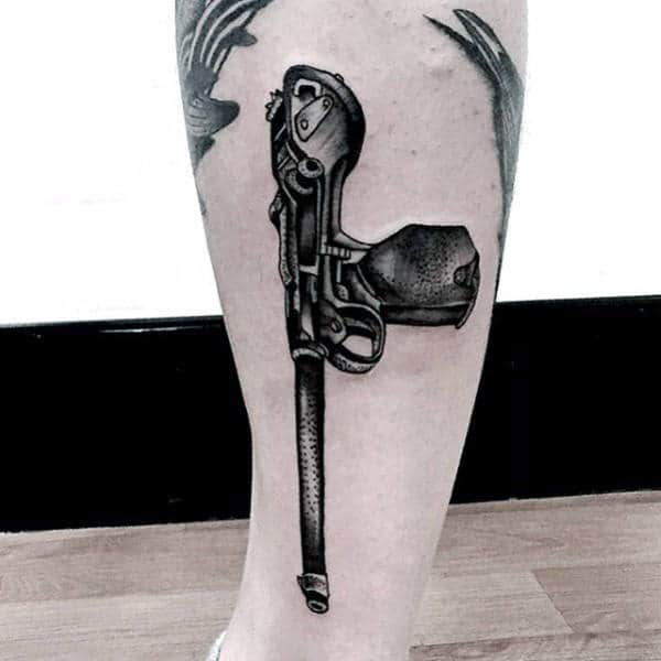 Charcoal Grey Pistol Tattoo On Calves For Men