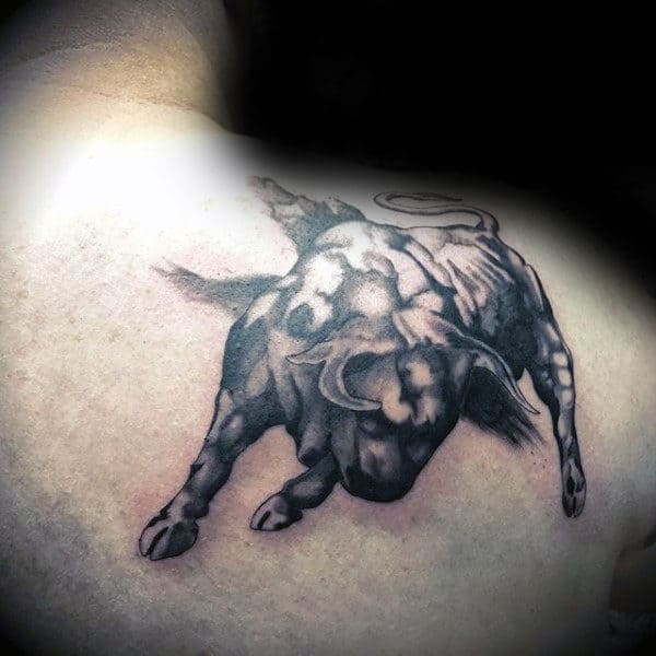 Charging Bull Brush Stroke Upper Shoulder Tattoo For Gentlemen