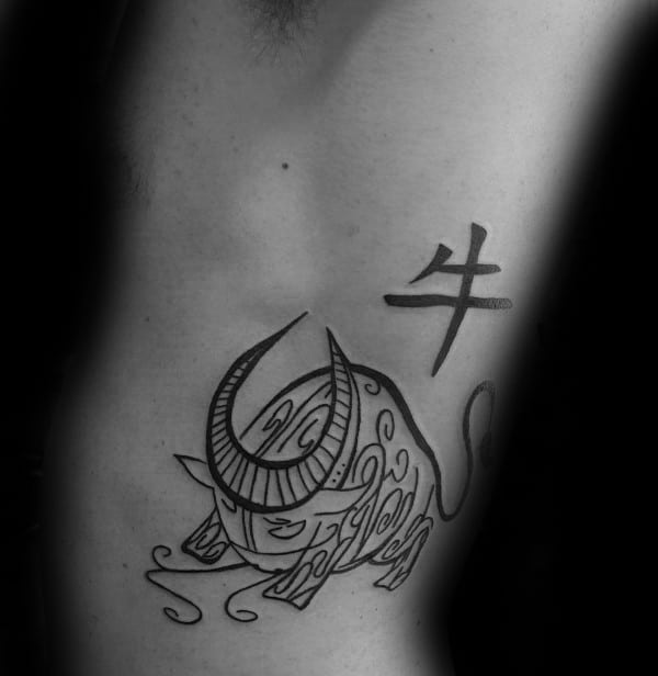 Charging Ram Aries Chinese Mens Tattoo On Rib Cage Side