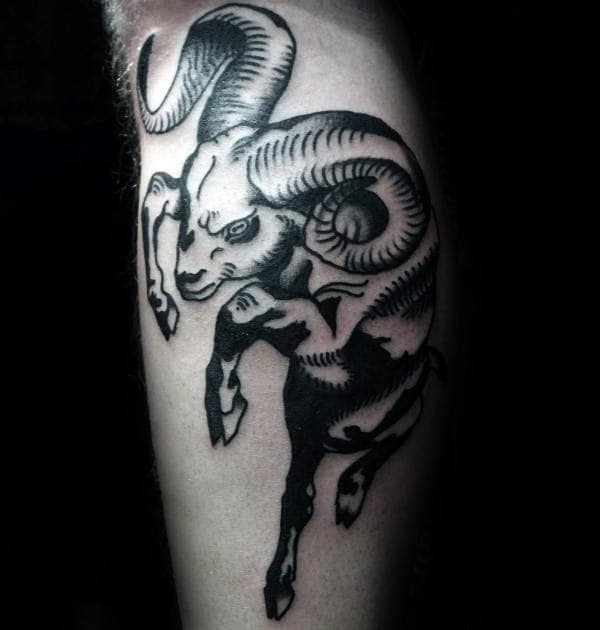 Charging Ram Aries Old School Mens Leg Tattoos