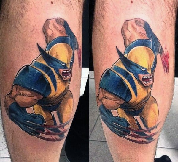 Charging Wolverine Guys Leg Calf Tattoos