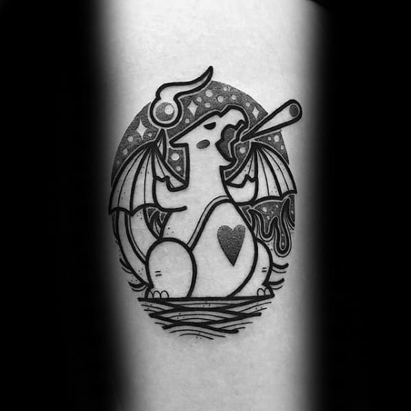Abstract black and gray Charizard tattoo with a heart on the belly, melting wing, and cosmic background elements.
