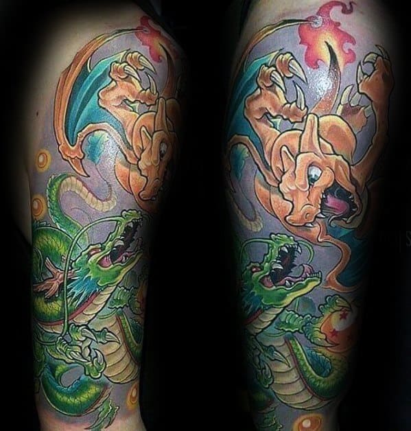 Epic tattoo sleeve of Charizard clashing with Shenron from Dragon Ball, filled with fire, energy, and vivid color contrast.