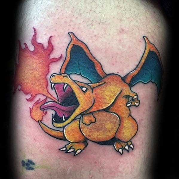 Classic Charizard tattoo breathing fire with wide wings and fierce expression in a bold, animated style.
