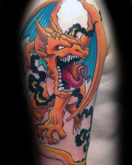 Ferocious Charizard tattoo with sharp teeth, extended tongue, and swirling black smoke for a fierce, dragon-like look.