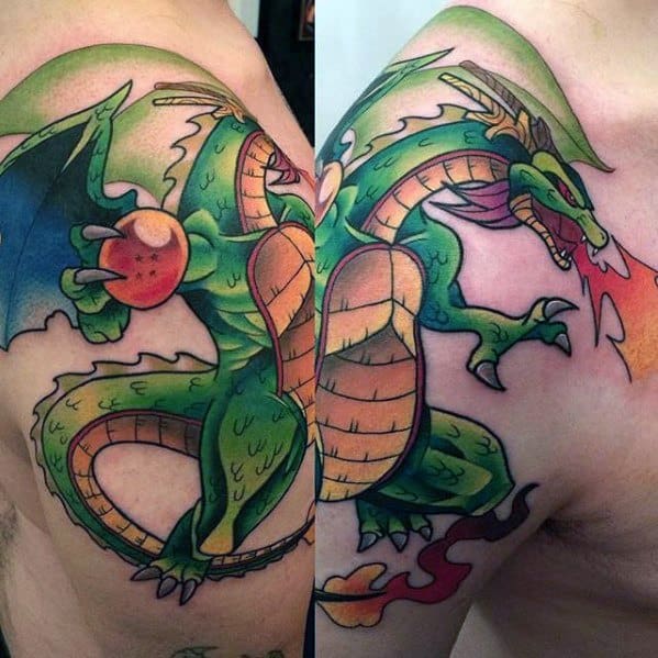 Vibrant Shenron tattoo breathing fire and holding a Dragon Ball, stretched across shoulder and chest in bold green and gold tones.