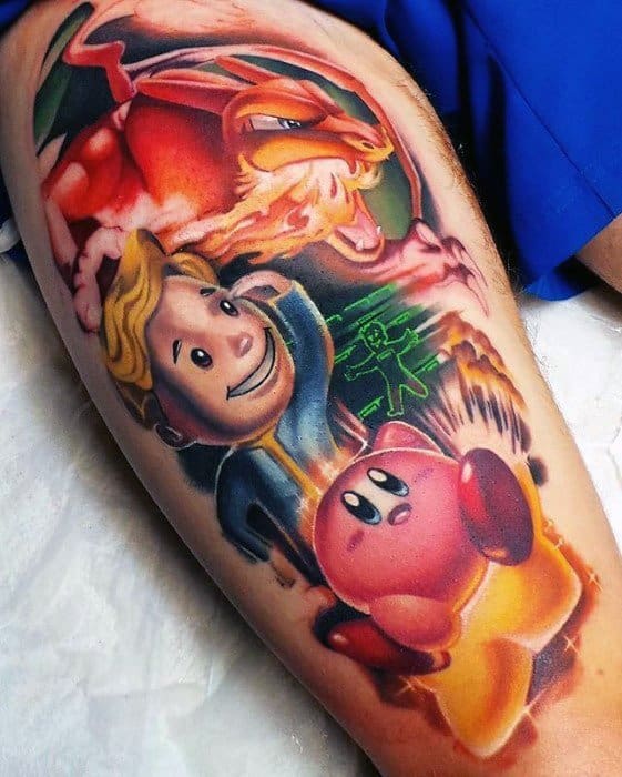 Colorful tattoo mashup featuring Charizard, Vault Boy from Fallout, and Kirby, all in a vibrant, dynamic scene with glowing effects.