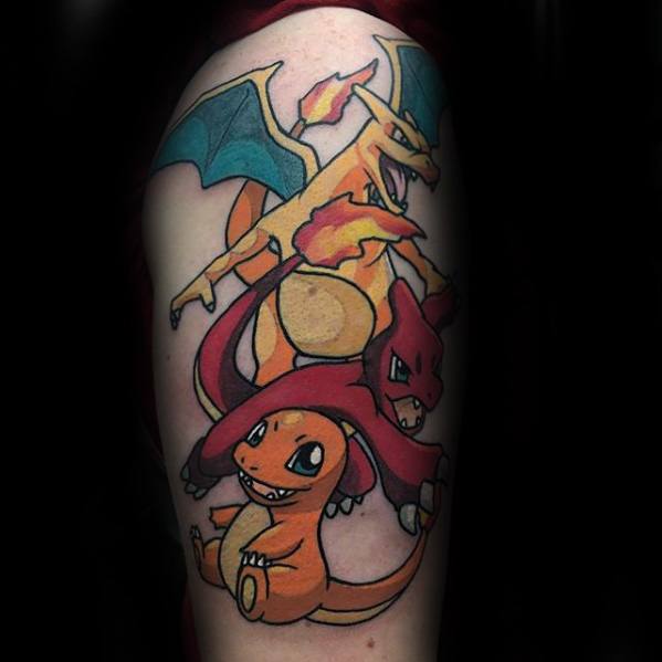 Tattoo of Charmander, Charmeleon, and Charizard showing their full evolution line in a colorful and bold arm design.