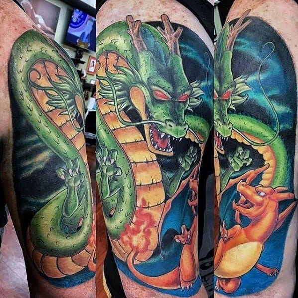 Epic sleeve tattoo of Shenron and Charizard in an intense face-off, with vivid colors, swirling energy, and dramatic background.