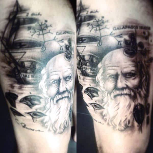 Charles Darwin Science Tattoo For Men On Leg