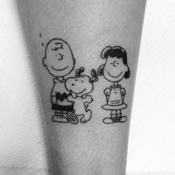 Minimalist black and white tattoo of Charlie Brown, Snoopy, and Lucy sharing a happy moment, symbolizing friendship and nostalgia.